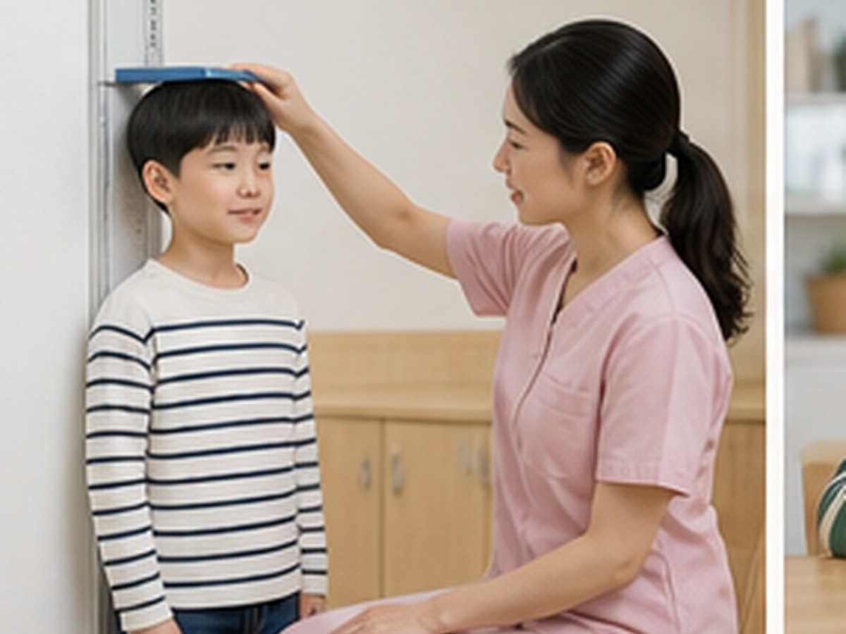 학교 보건실에서 성장을 확인하는 초등학생