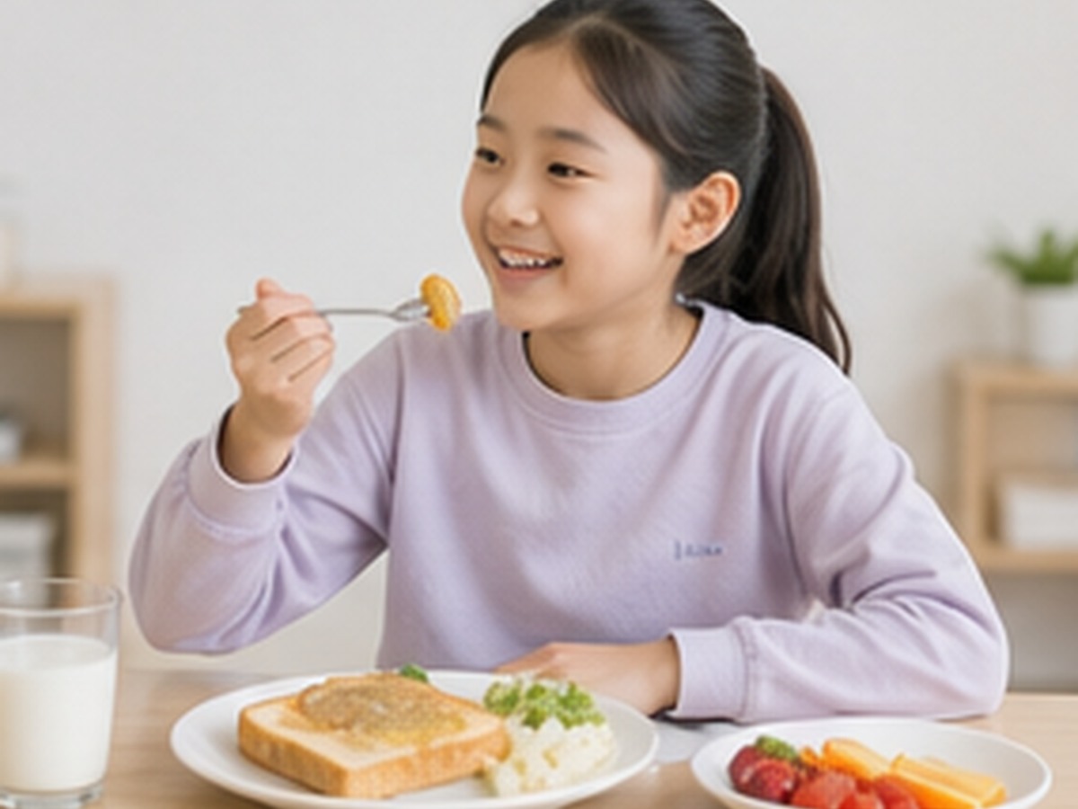 균형 잡힌 식사를 하는 초등 저학년 여자아이