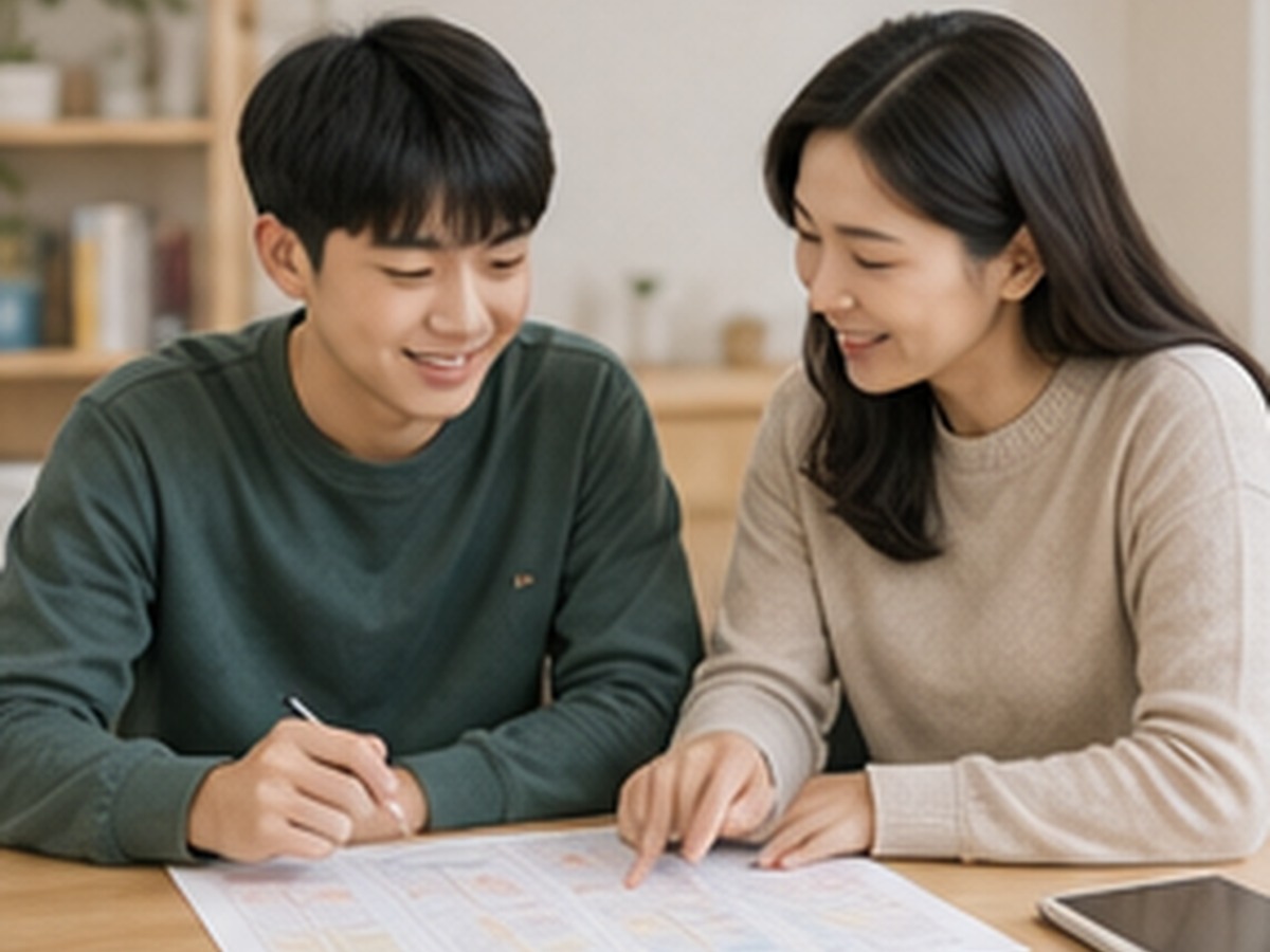 남학생과 어머니가 기록지를 놓고 이야기하는 모습