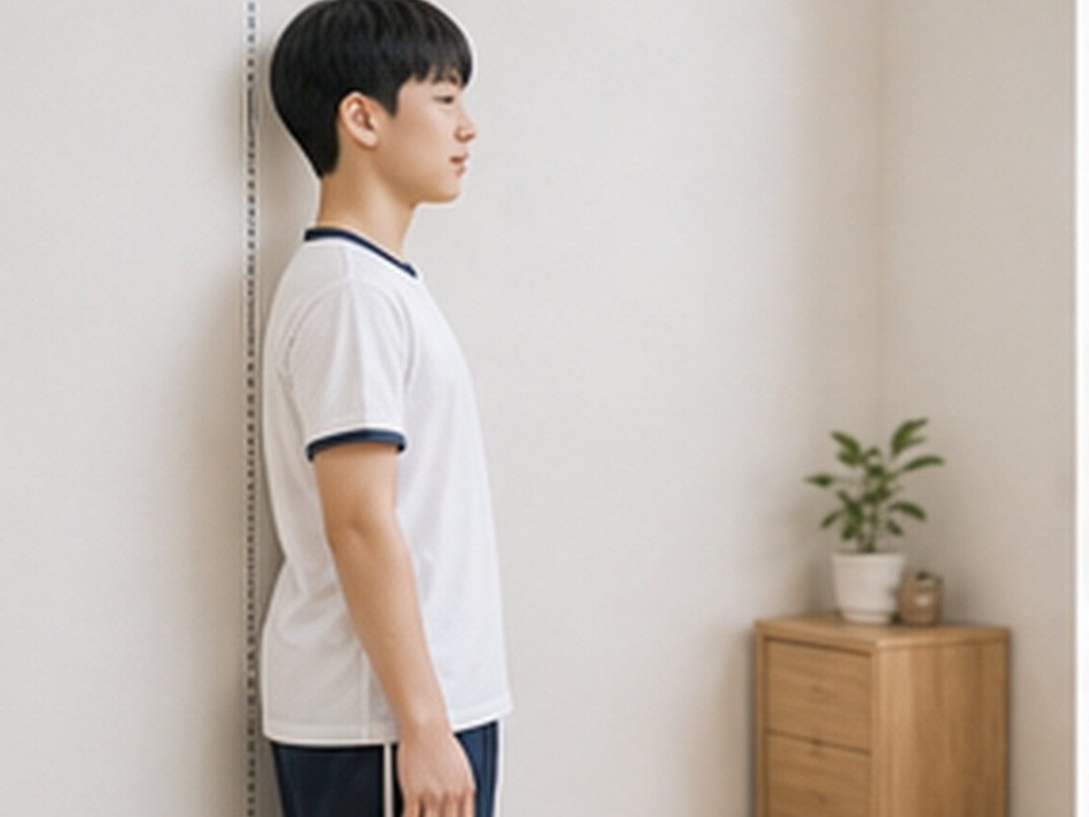 집에서 키와 몸무게 변화를 기록하는 중학생