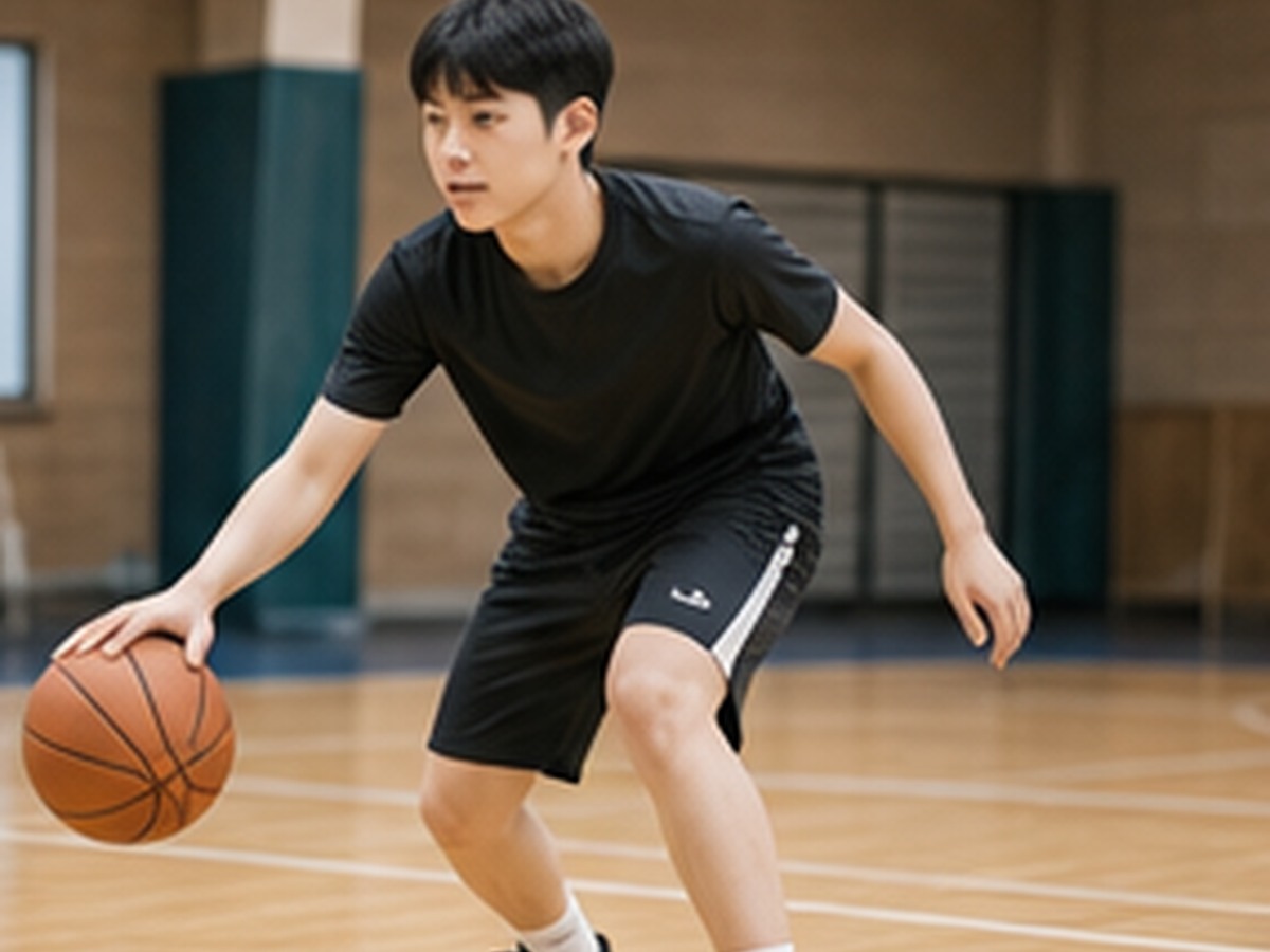 남학생이 실내 체육관에서 농구를 하는 모습