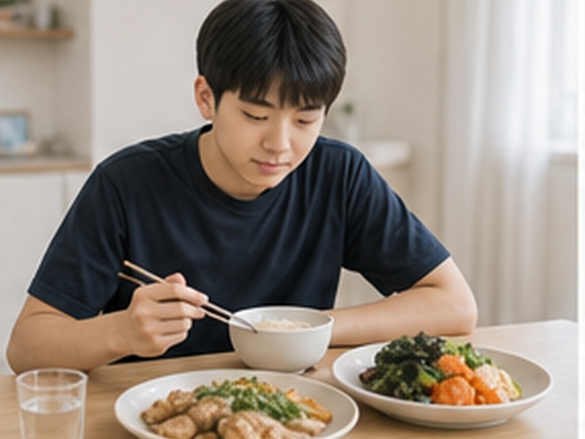남학생이 반찬이 고루 놓인 식사를 하는 모습