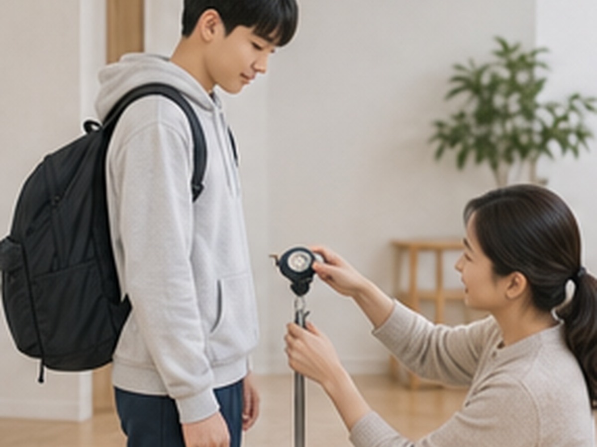 가정에서 키 변화를 기록하는 중학생