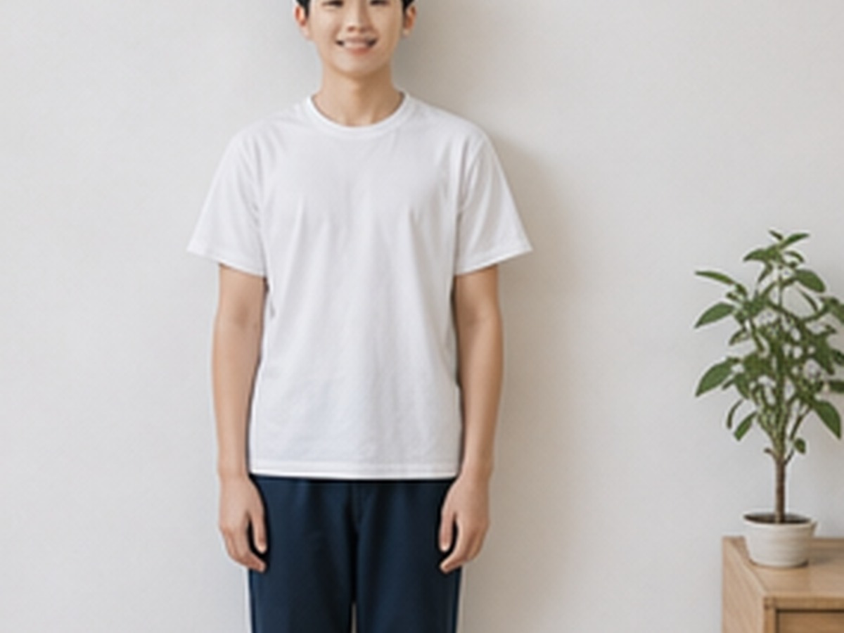 흰 티셔츠를 입은 여학생이 바르게 서 있는 모습