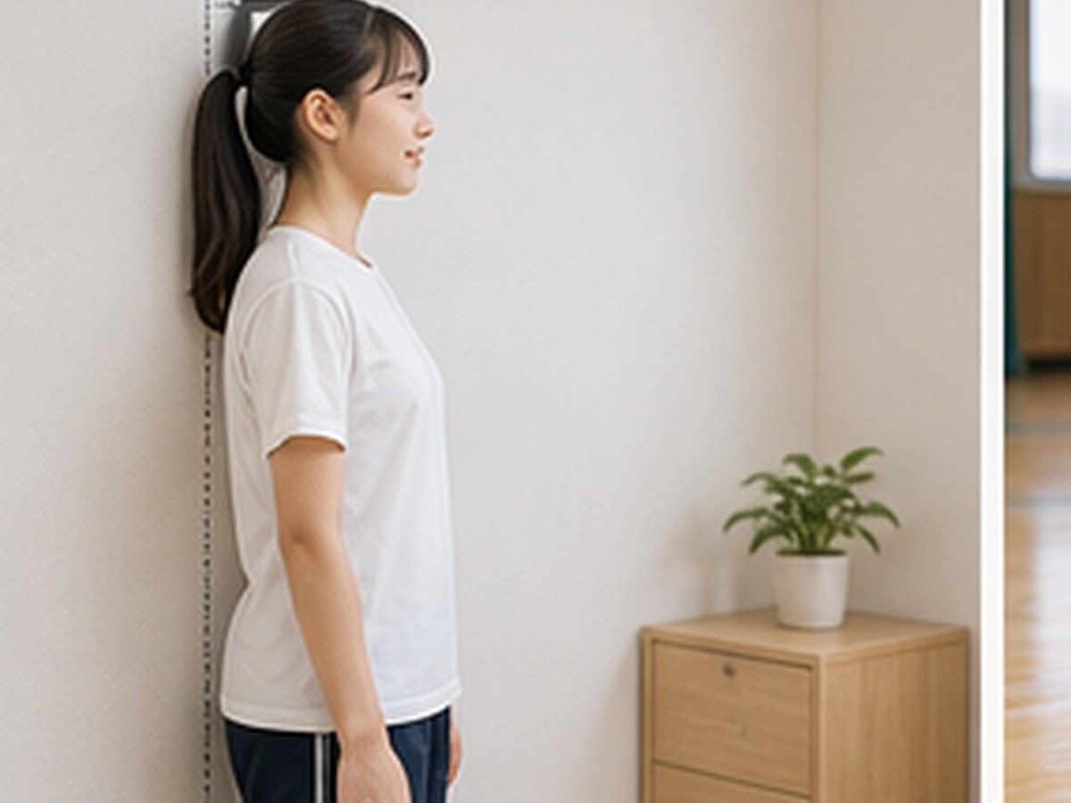 집 벽에 붙인 눈금자에 등을 대고 여학생의 키를 재는 모습