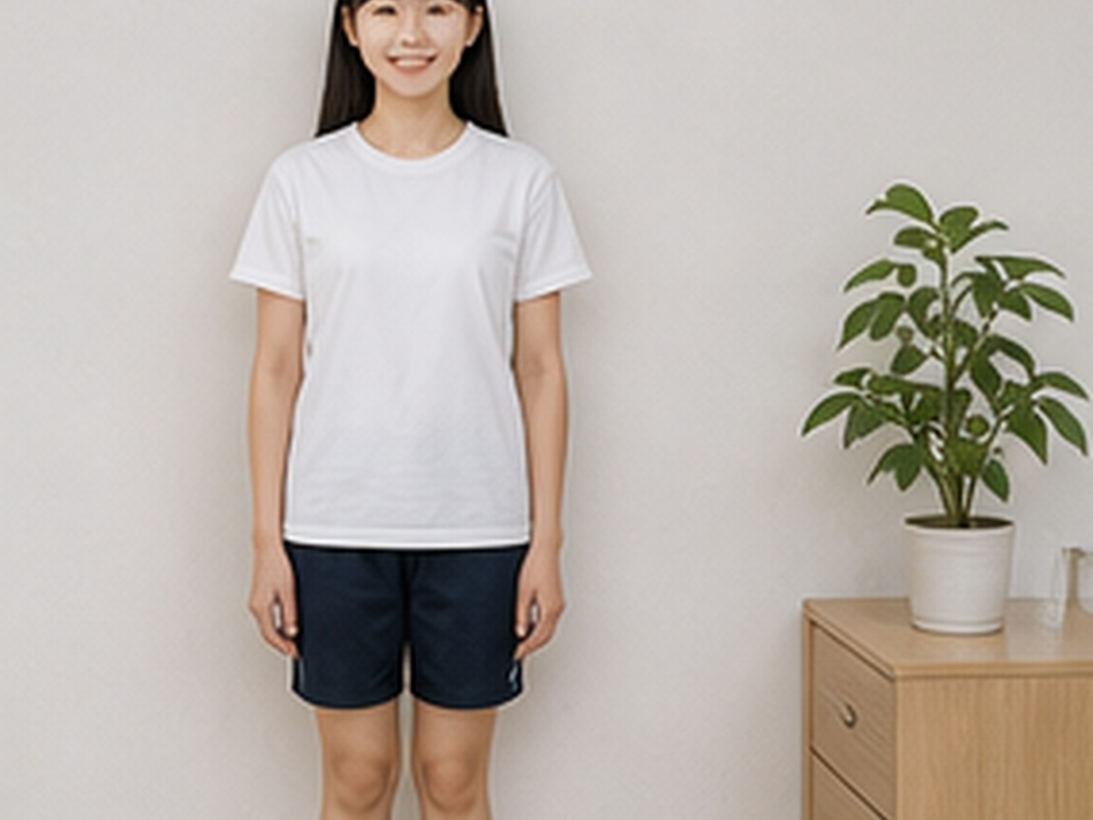 체육복을 입은 여학생이 바르게 서서 체형을 확인하는 모습