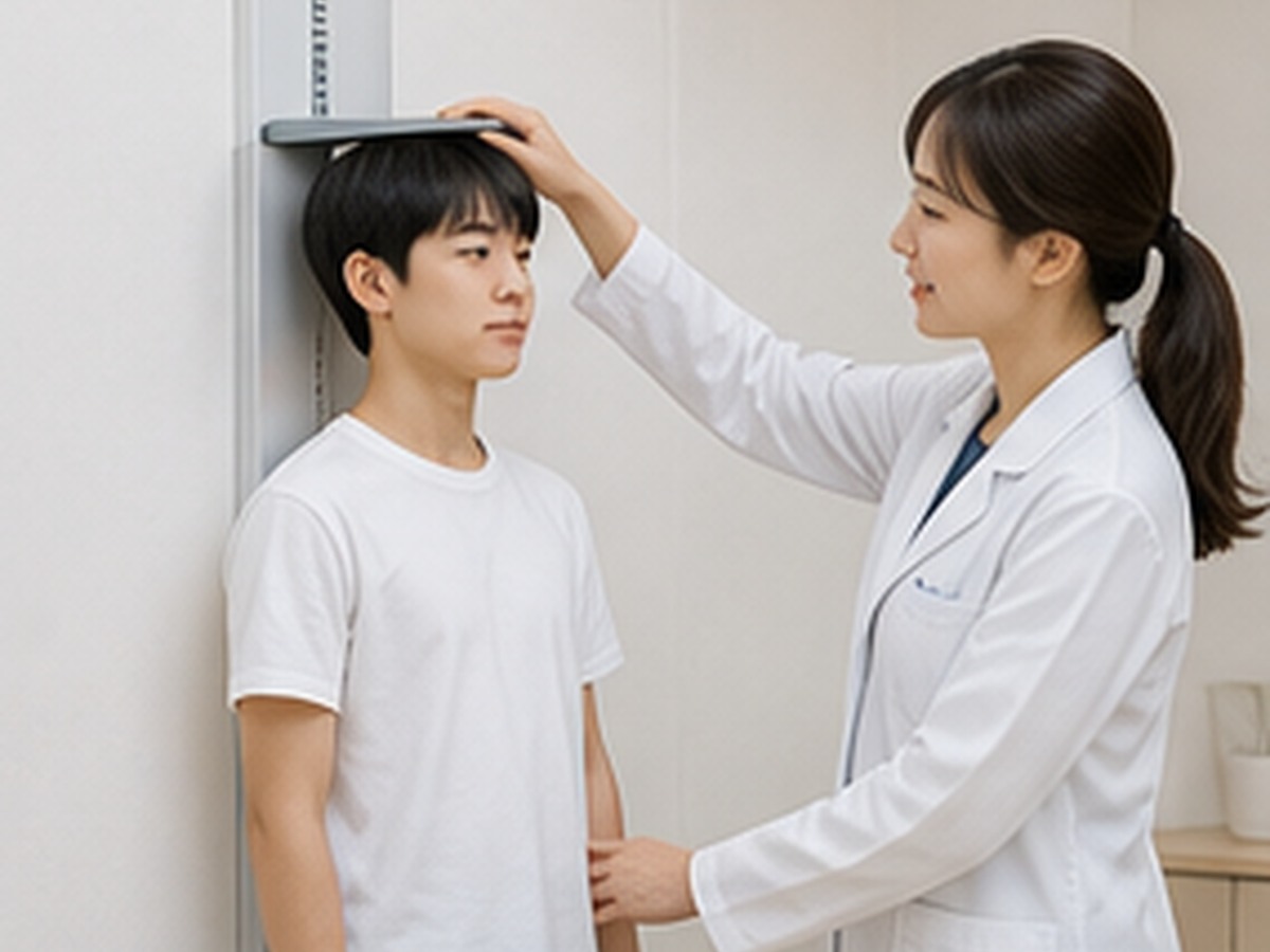 의료진이 벽 신장계 앞에 선 남학생의 키를 측정하는 모습