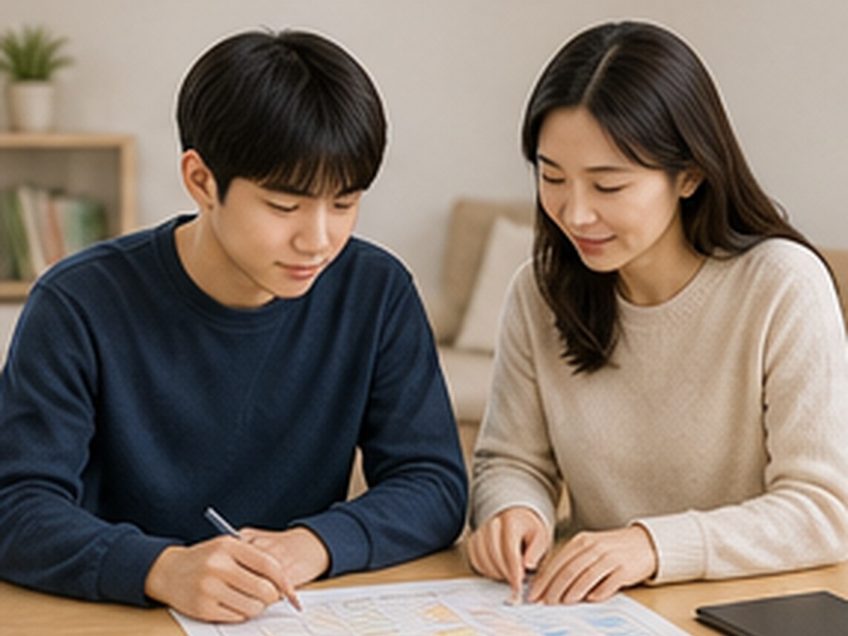 남학생과 어머니가 기록지를 함께 살펴보는 모습