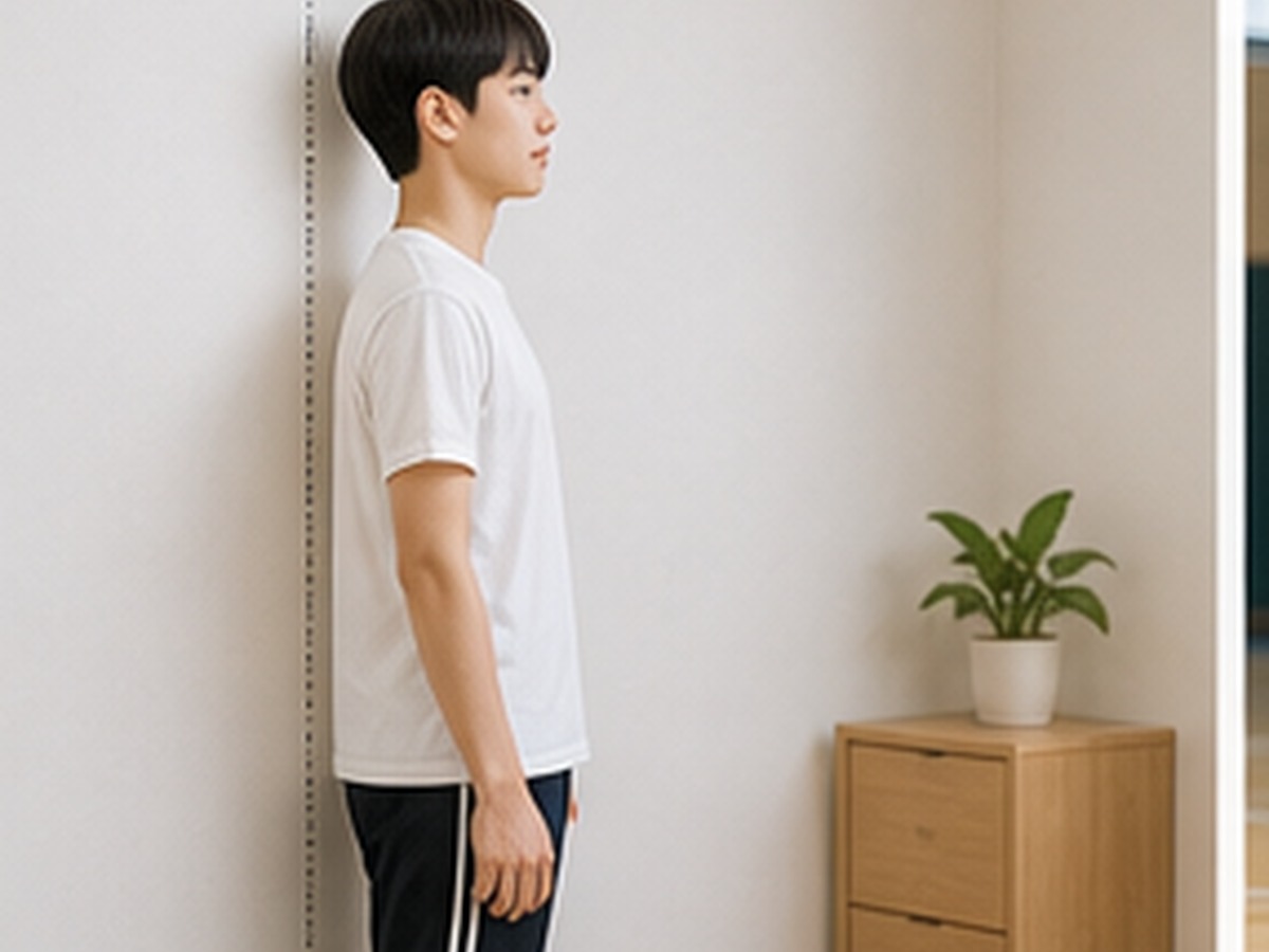 집 벽 눈금자에 등을 대고 선 남학생의 키를 재는 모습