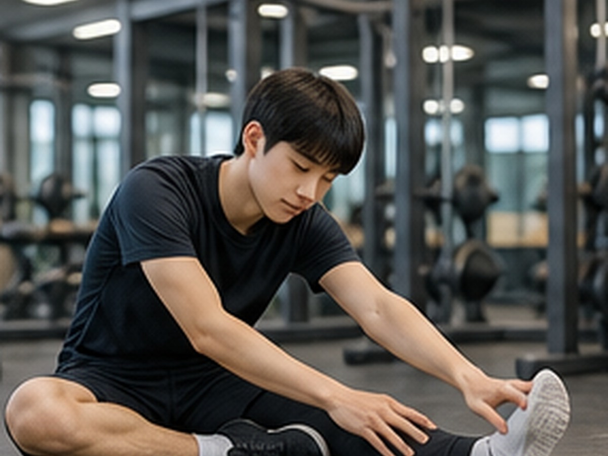 남학생이 운동 전 바닥에 앉아 스트레칭을 하는 모습