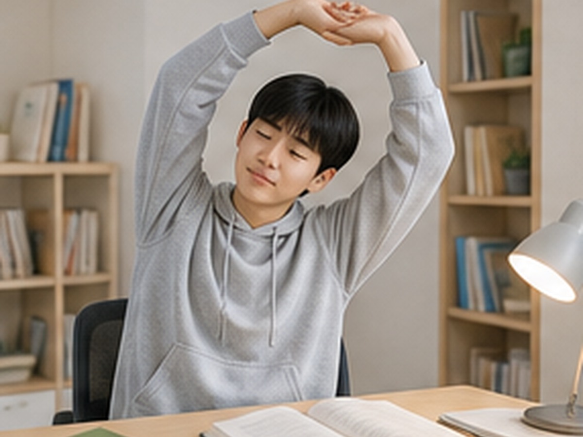 책상에 앉아 공부하던 남학생이 팔을 뻗어 스트레칭하는 모습