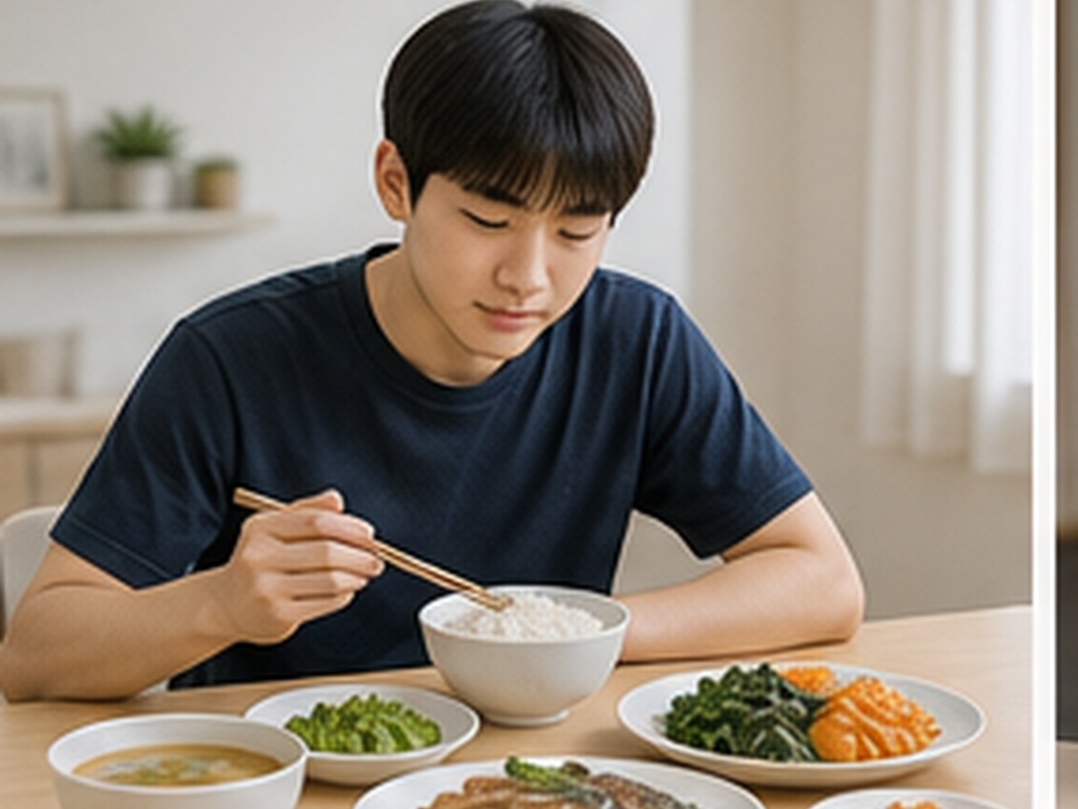 남학생이 단백질 반찬이 놓인 식사를 하는 모습