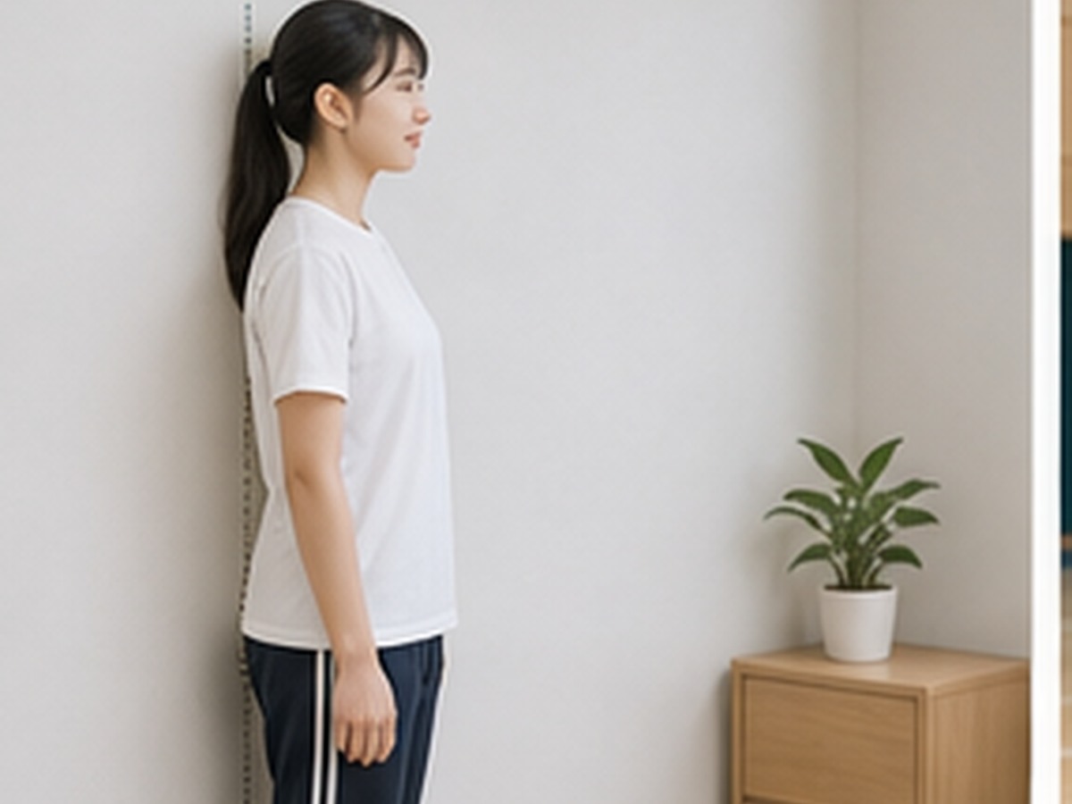 집 벽 눈금자에 등을 대고 선 여학생의 키를 재는 모습