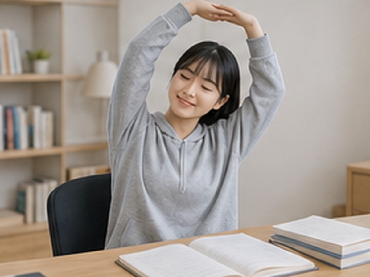 여학생이 책상에 앉아 팔을 뻗어 스트레칭하는 모습