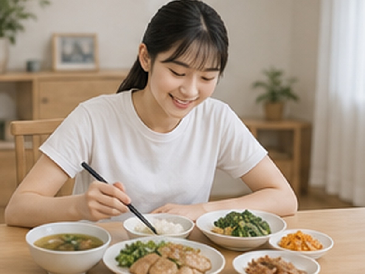 여학생이 국과 반찬이 고루 놓인 집밥을 먹는 모습