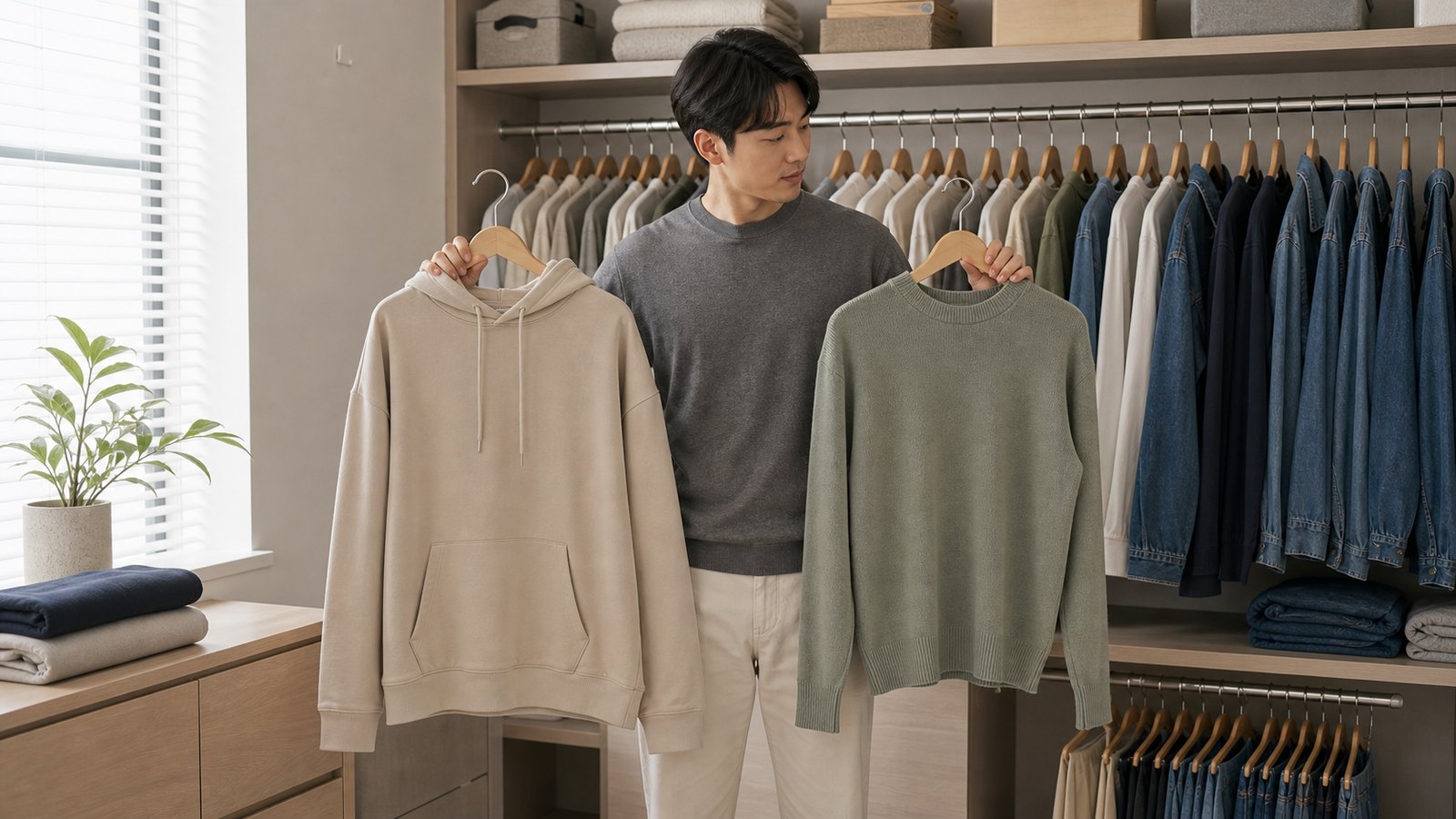 후드티 두 벌을 나란히 놓고 크기를 비교하는 모습