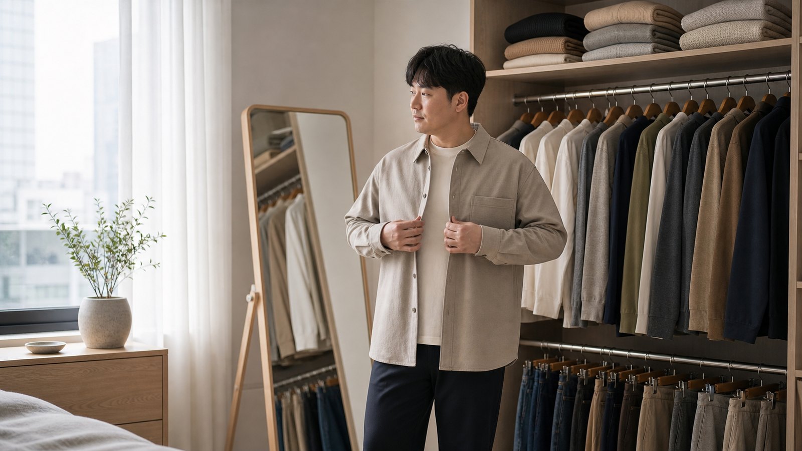 거울 앞에서 셔츠와 바지 핏을 확인하는 모습