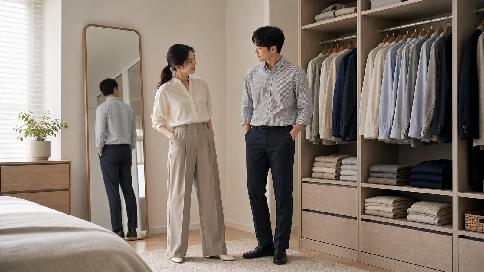 거울 앞에서 하의 핏을 확인하는 모습