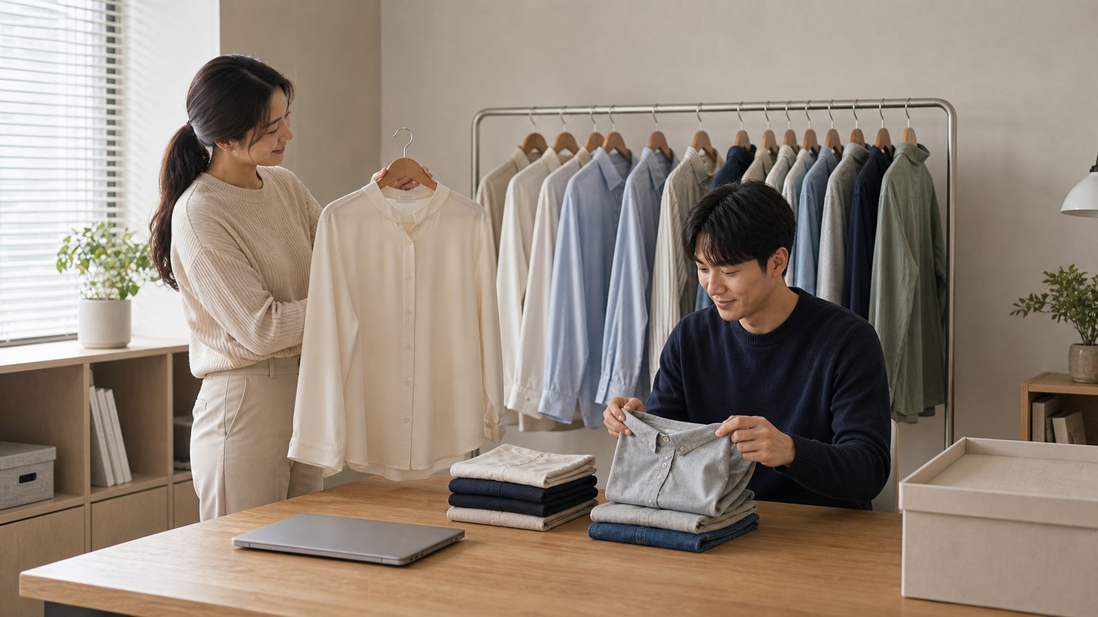 테이블에서 옷을 개며 온라인으로 치수를 확인하는 모습