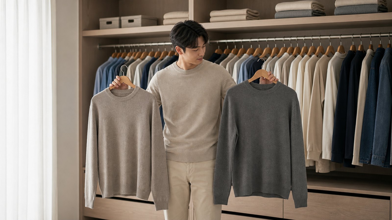 옷걸이에 걸린 긴팔 셔츠들