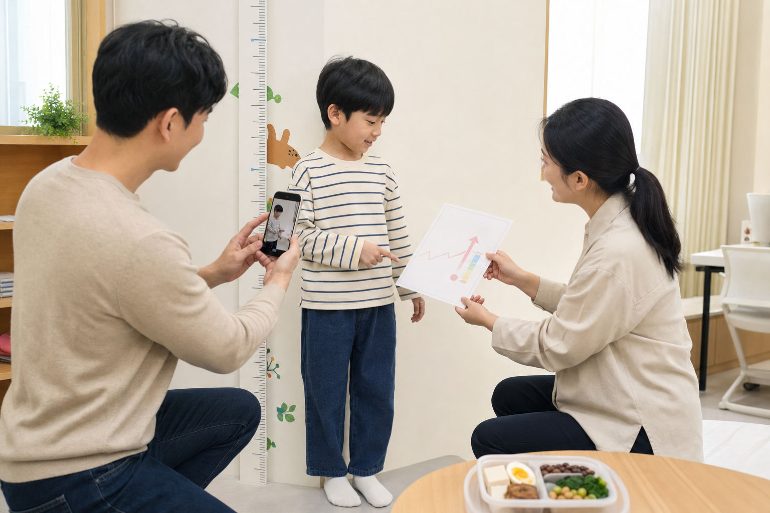 부모가 벽에 표시한 눈금으로 아이의 키를 재고 성장 기록을 남기는 모습