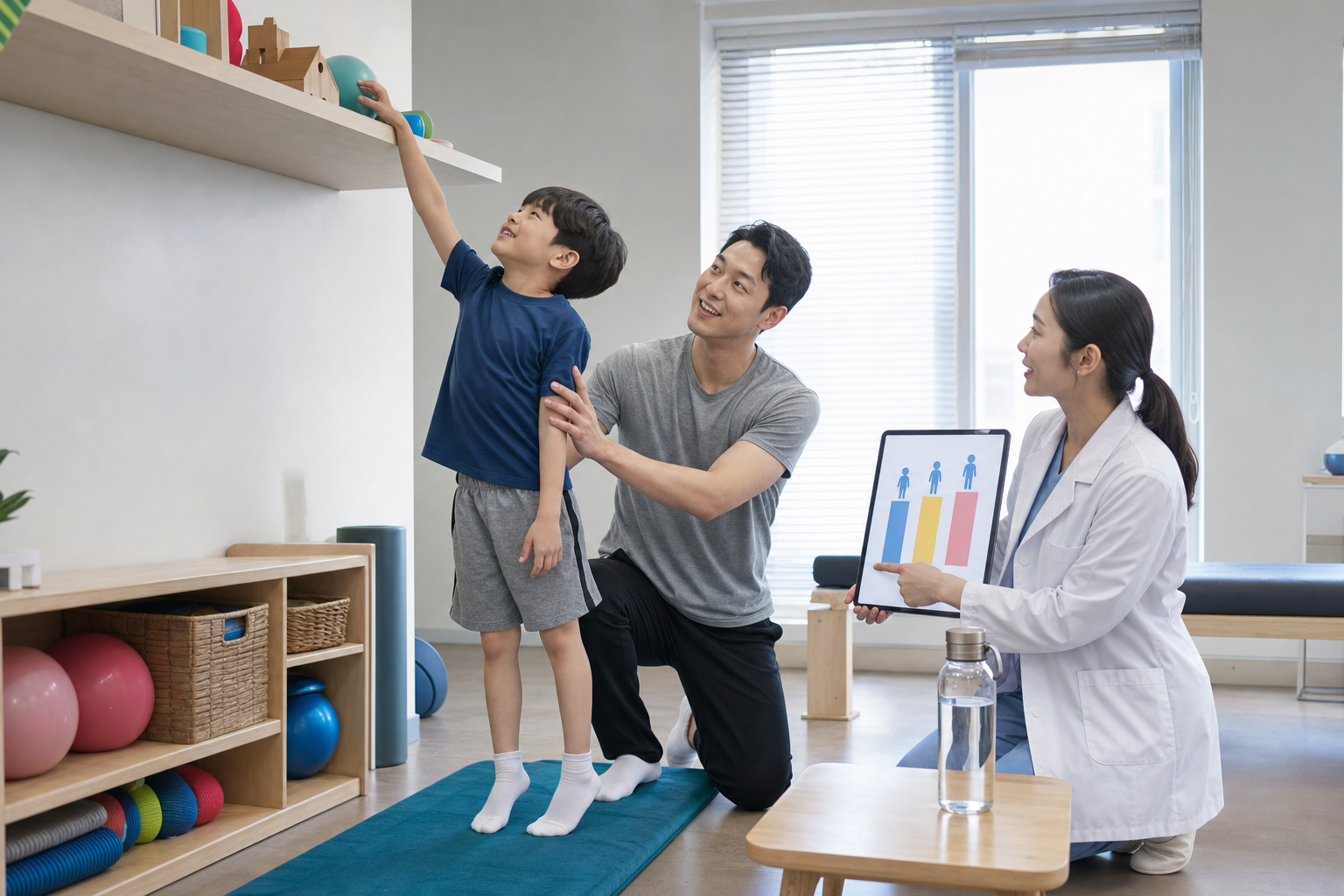 아이가 팔을 뻗어 점프하는 동작을 하고 보호자와 전문가가 함께 지켜보는 모습
