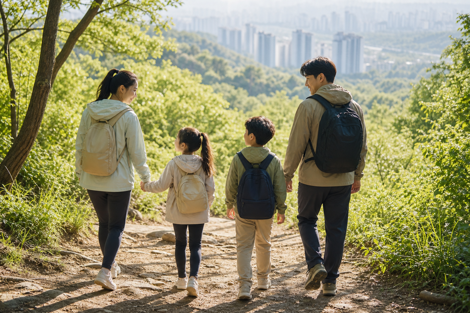 가족이 함께 산책하며 시간을 보내는 모습