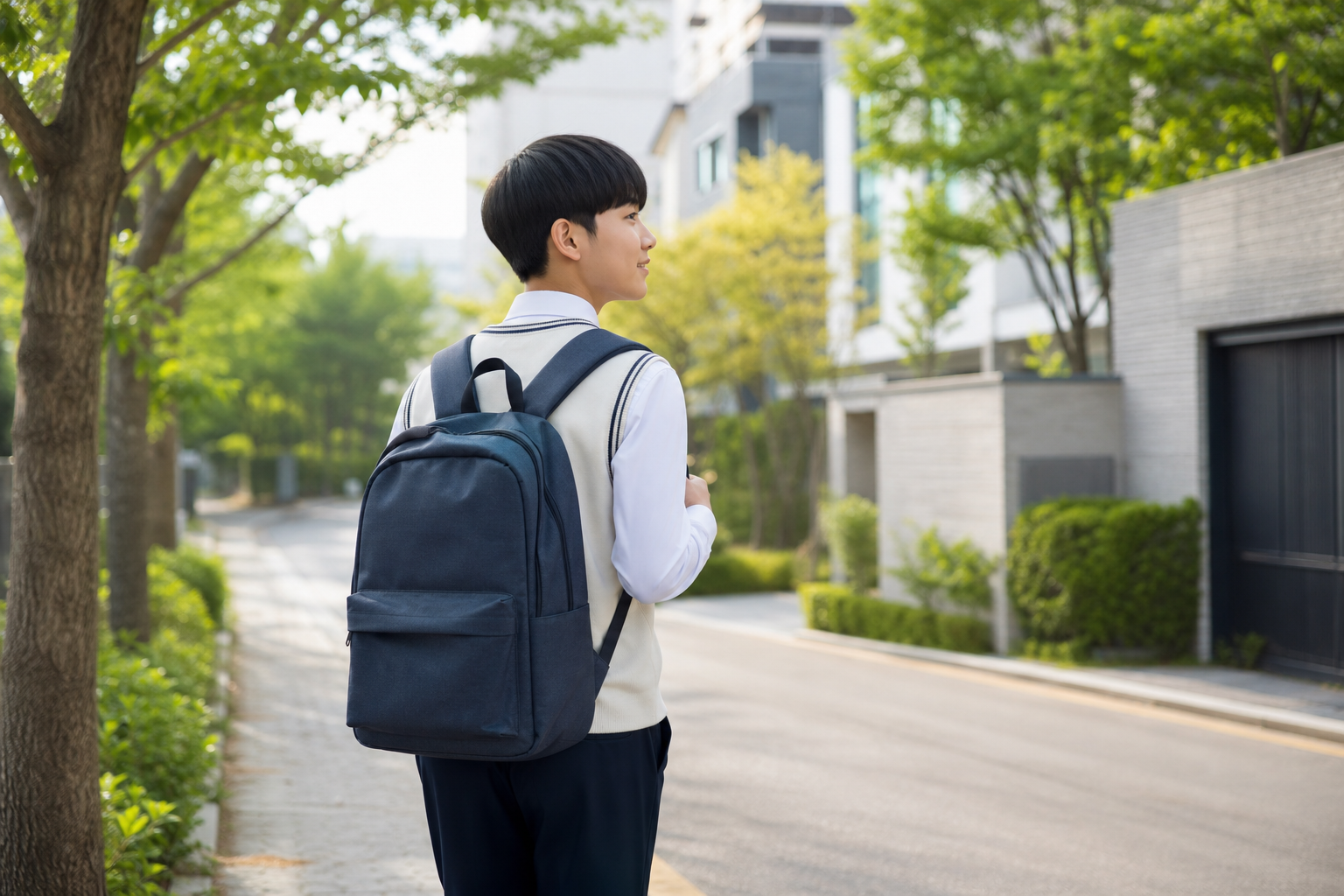 가방을 멘 학생이 걸어서 등교하는 모습