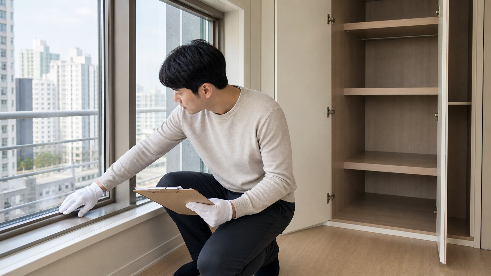 입주 전 신축 아파트를 정리하는 청소 장면