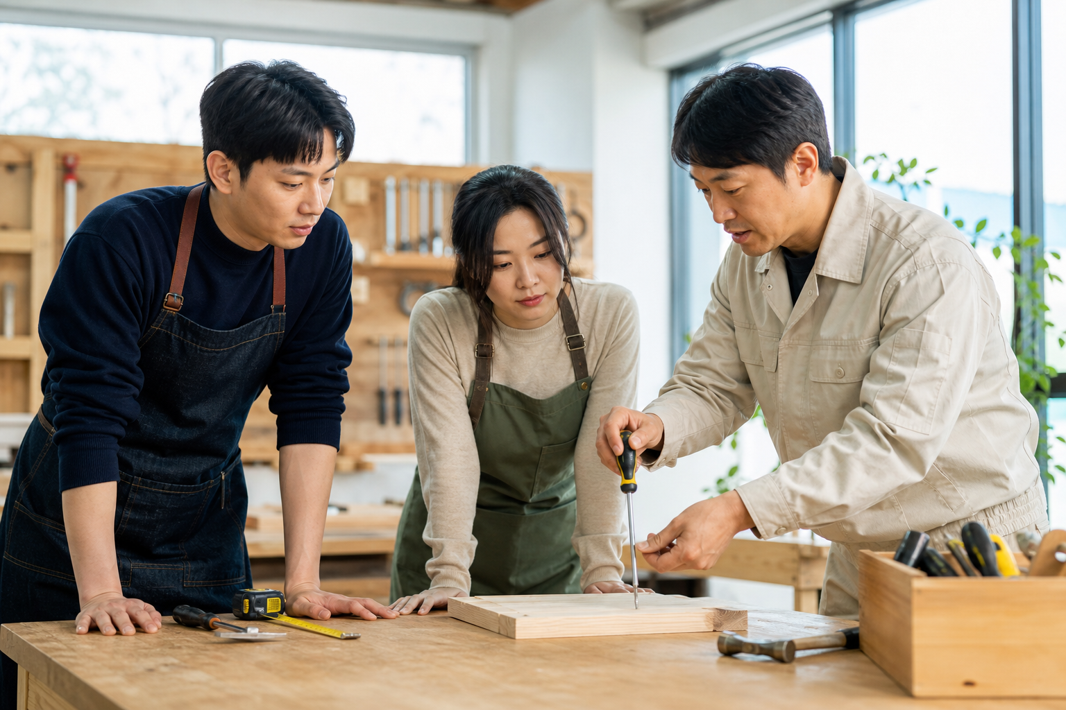 집 수리 교육 - 공구 사용법을 함께 배우는 장면