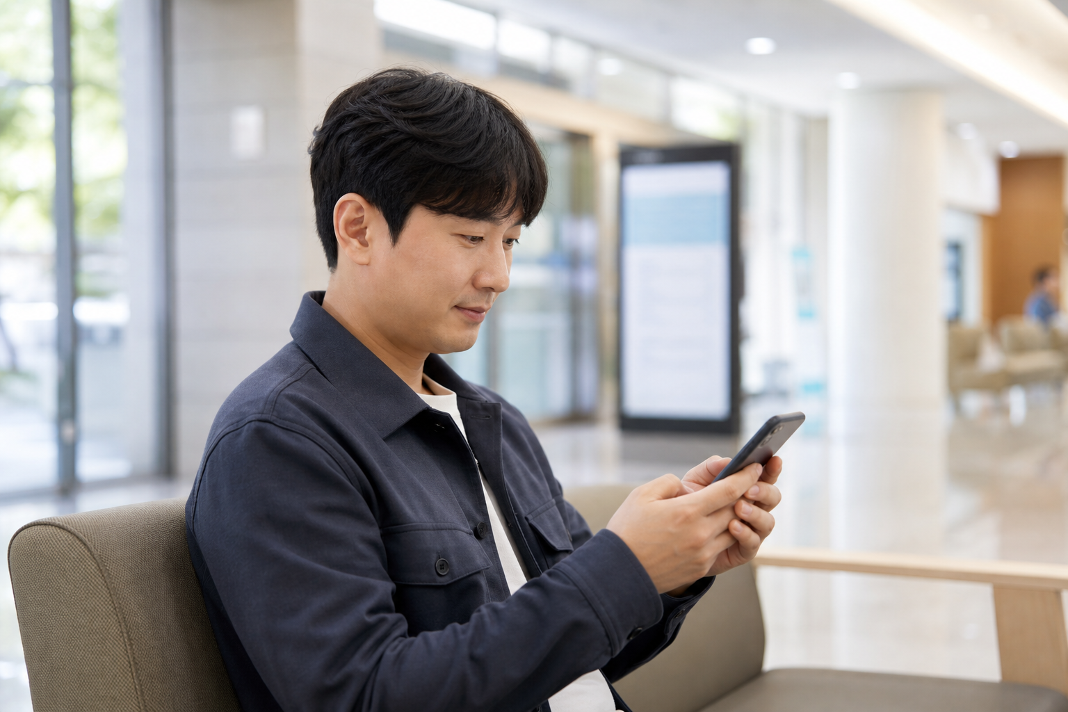 병원 안내 데스크에서 간병 상담을 받는 보호자