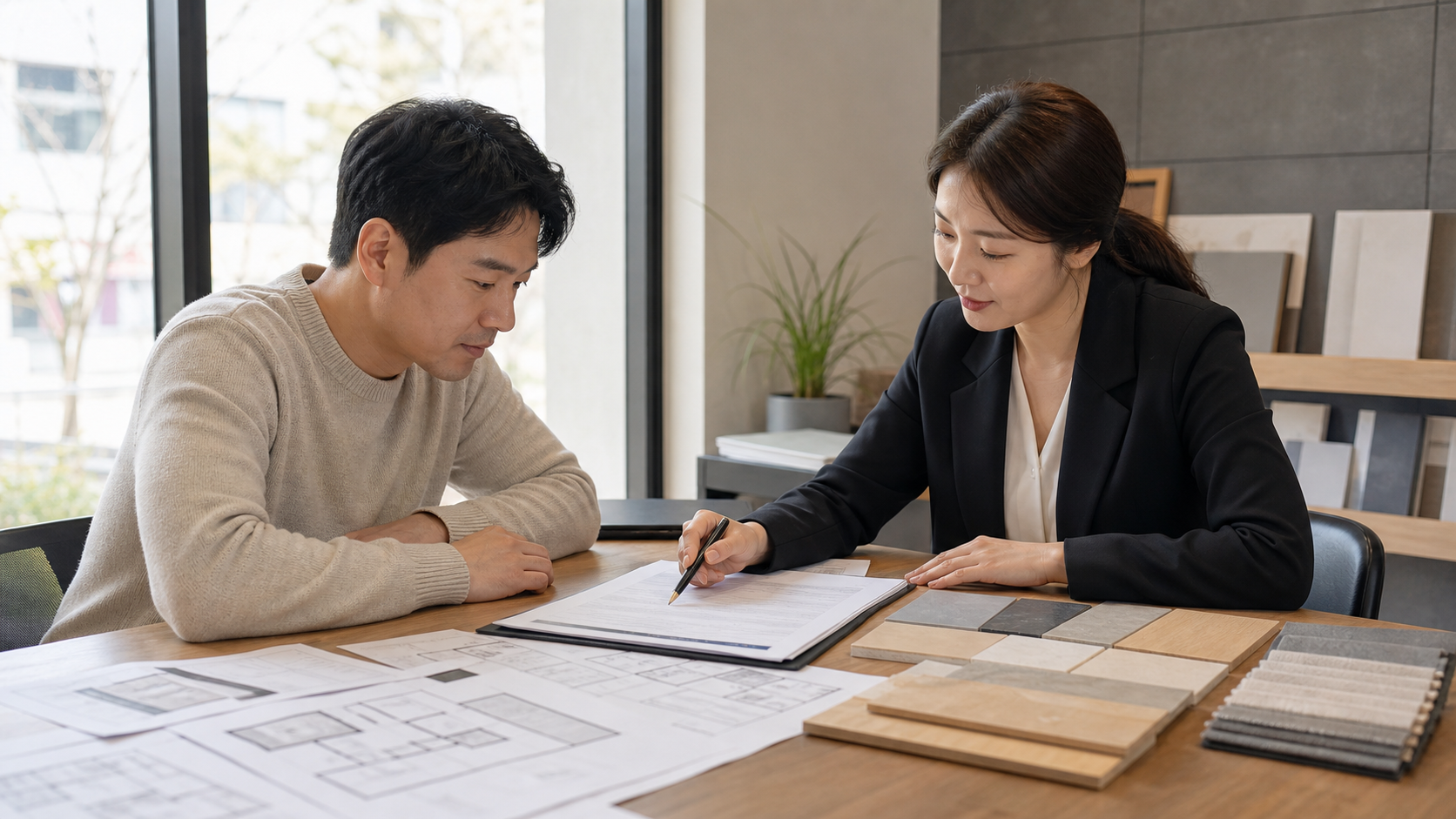 부분 인테리어 업체 견적과 공정을 검토하는 장면