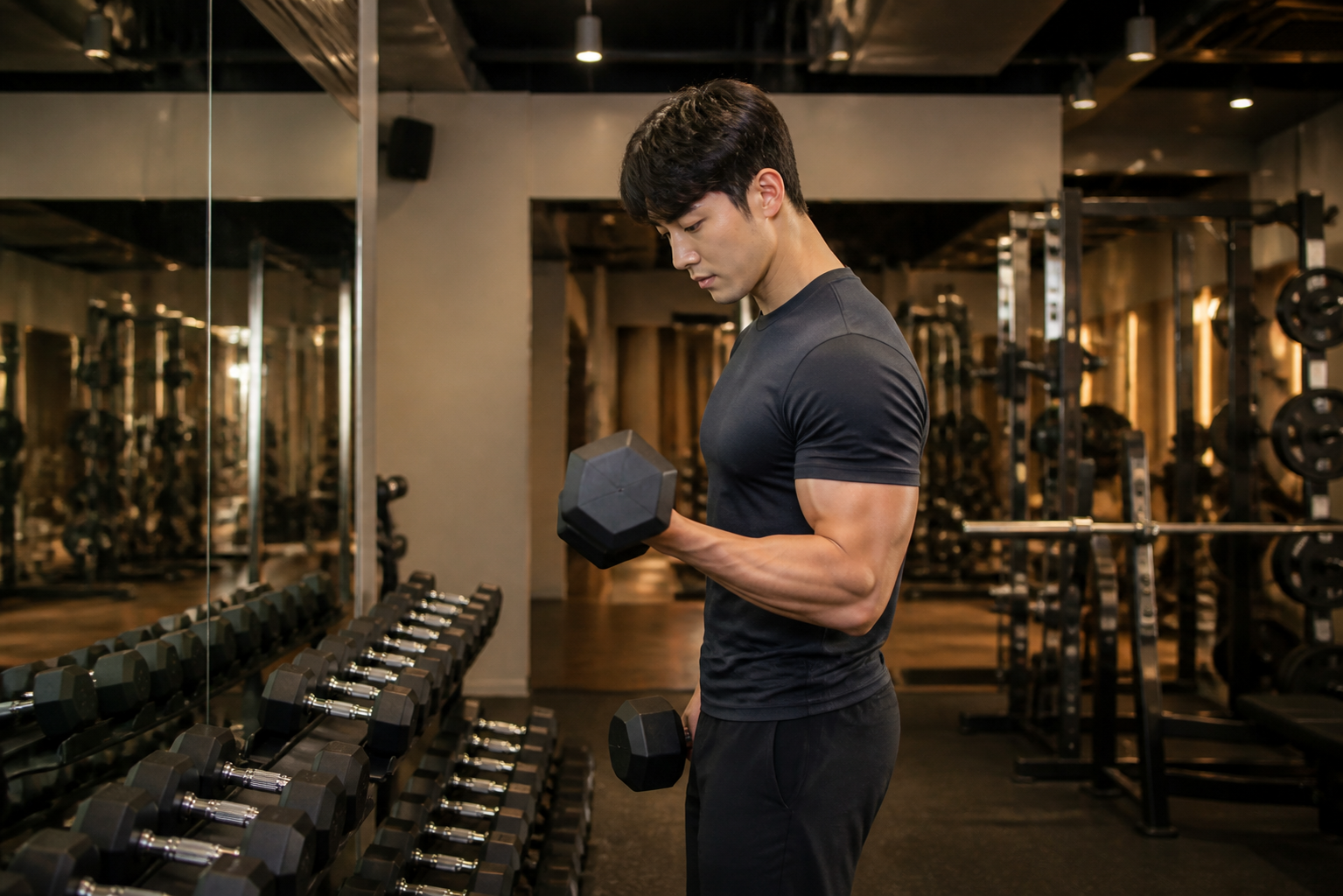 야간 24시간 헬스장 내부 심야 운동 장면
