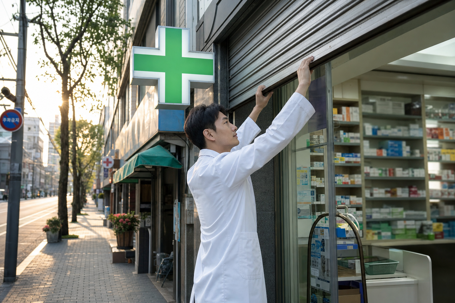 저녁 무렵 불이 켜진 동네 약국 외관