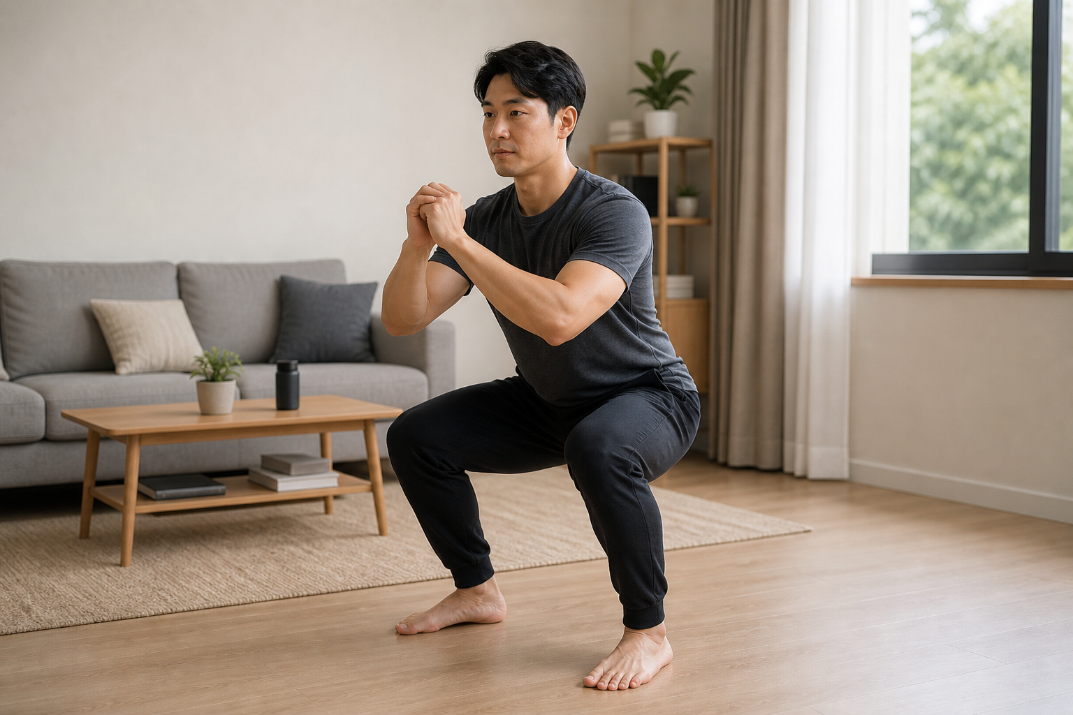 올바른 스쿼트 자세로 맨몸 운동을 하는 모습