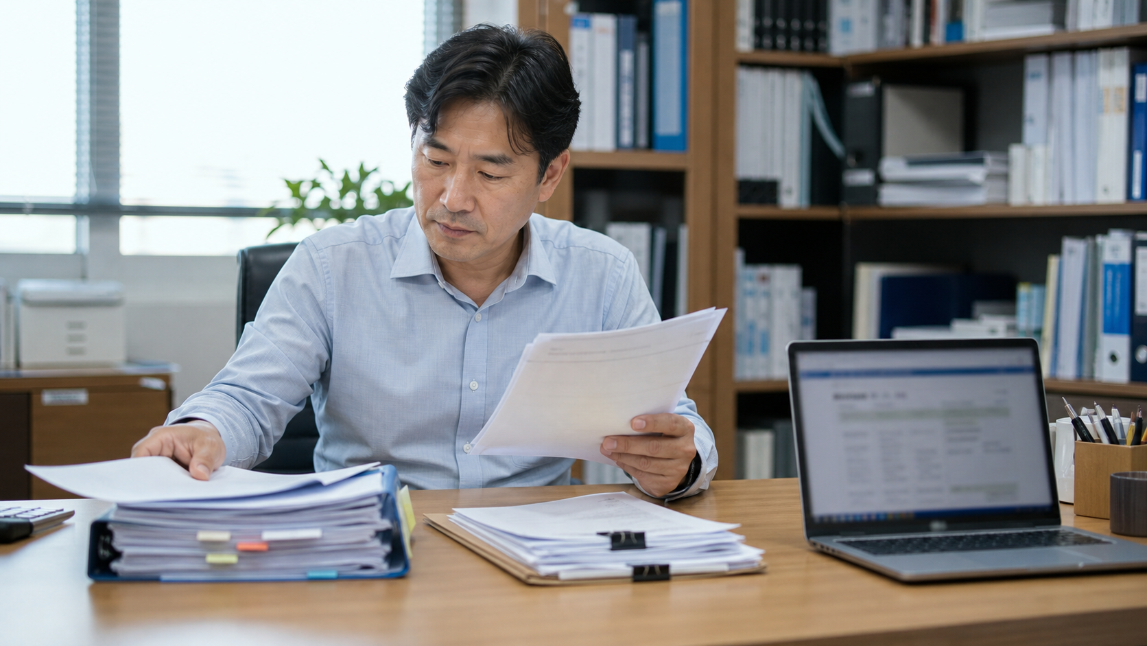 개인회생과 개인파산 차이 관련 자료를 차분히 정리하는 모습