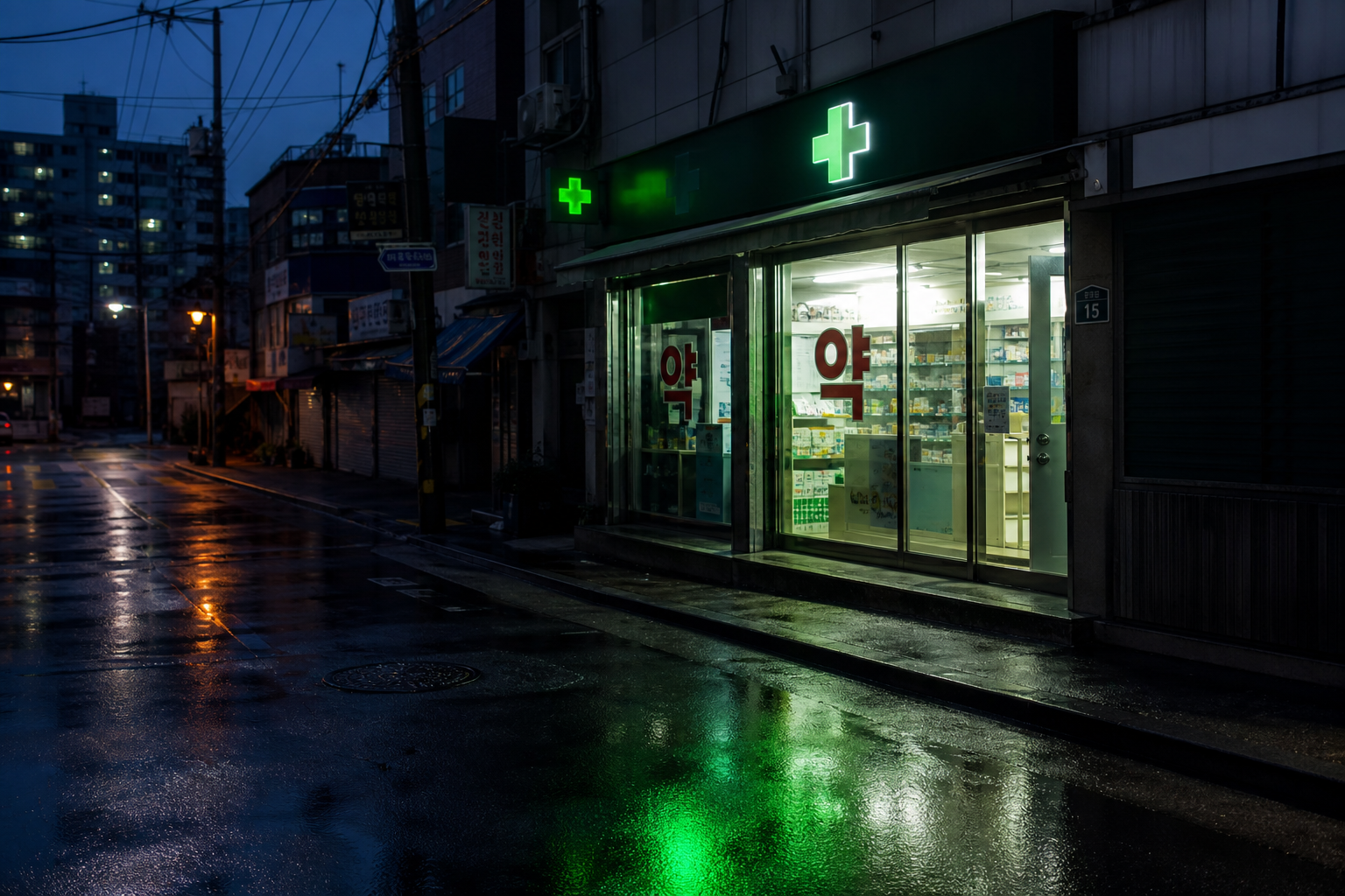야간에 불 켜진 약국 외관