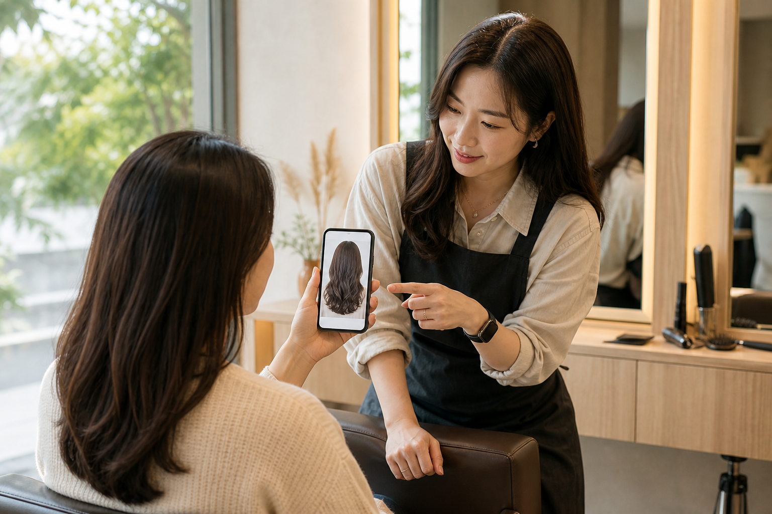 김해 두피케어 미용실 상담 항목을 확인하는 장면