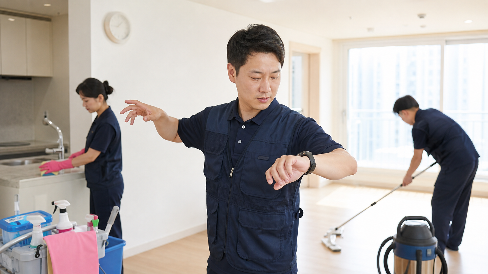 수납공간을 확인하는 입주 청소 장면