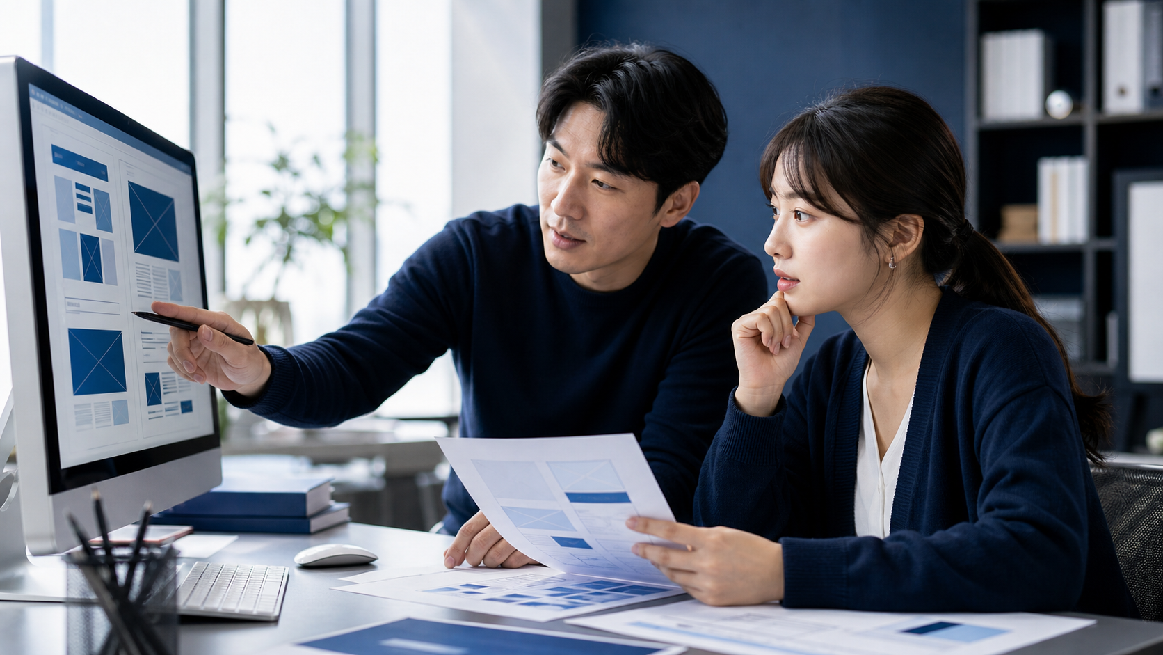 홈페이지 제작 팀이 웹 디자인 와이어프레임을 검토하는 모습