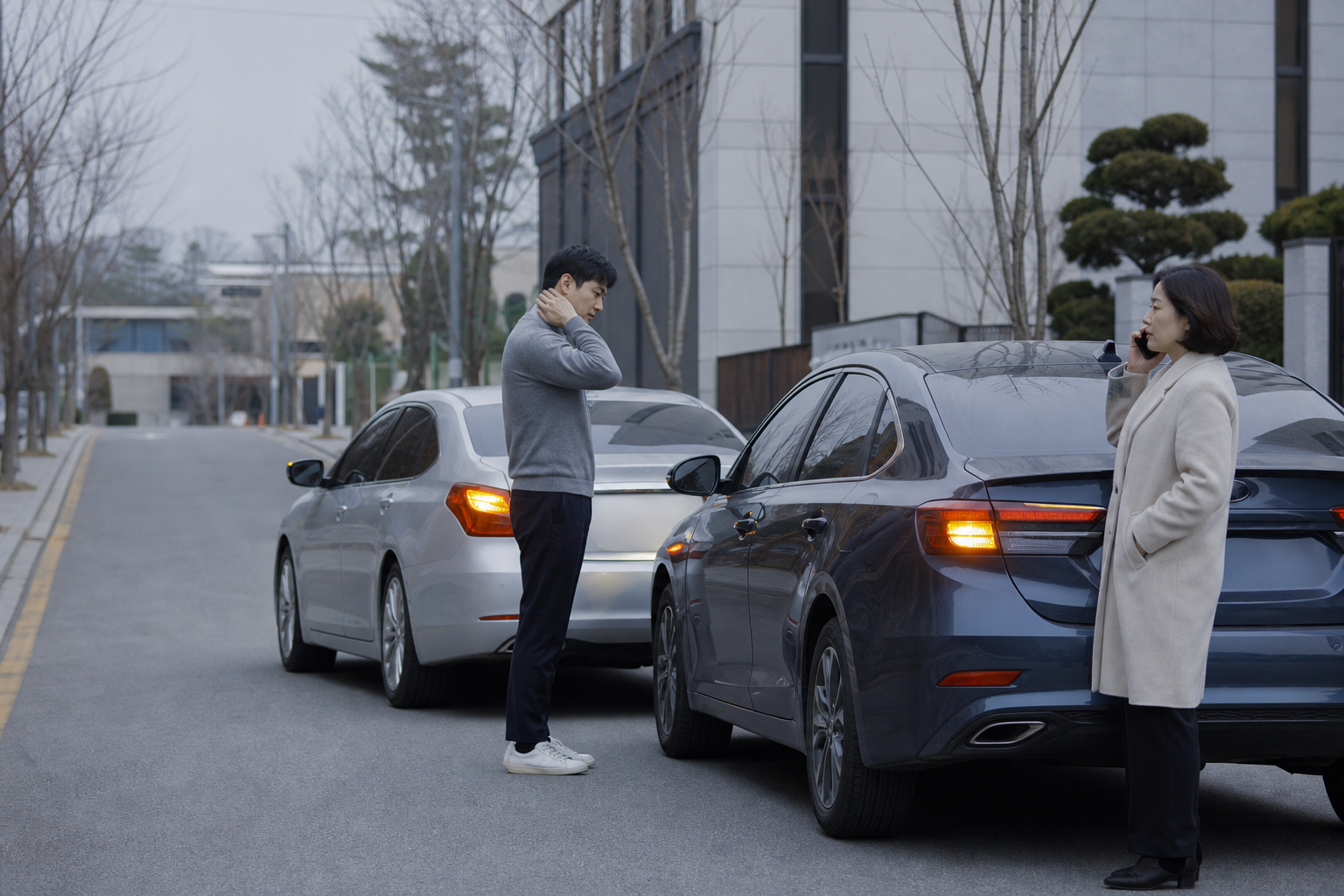 도심 도로에서 발생한 경미한 교통 사고 현장 — 비상등을 켠 승용차 두 대와 현장을 확인하는 운전자들