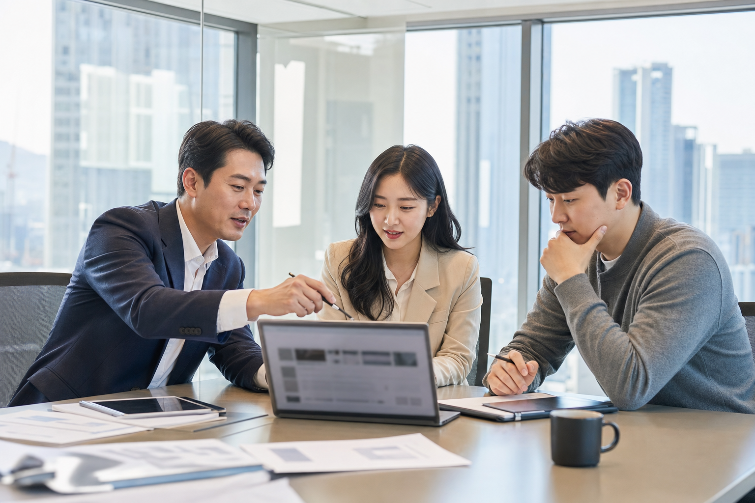 기업 홈페이지 제작 제안을 검토하는 한국인 실무진