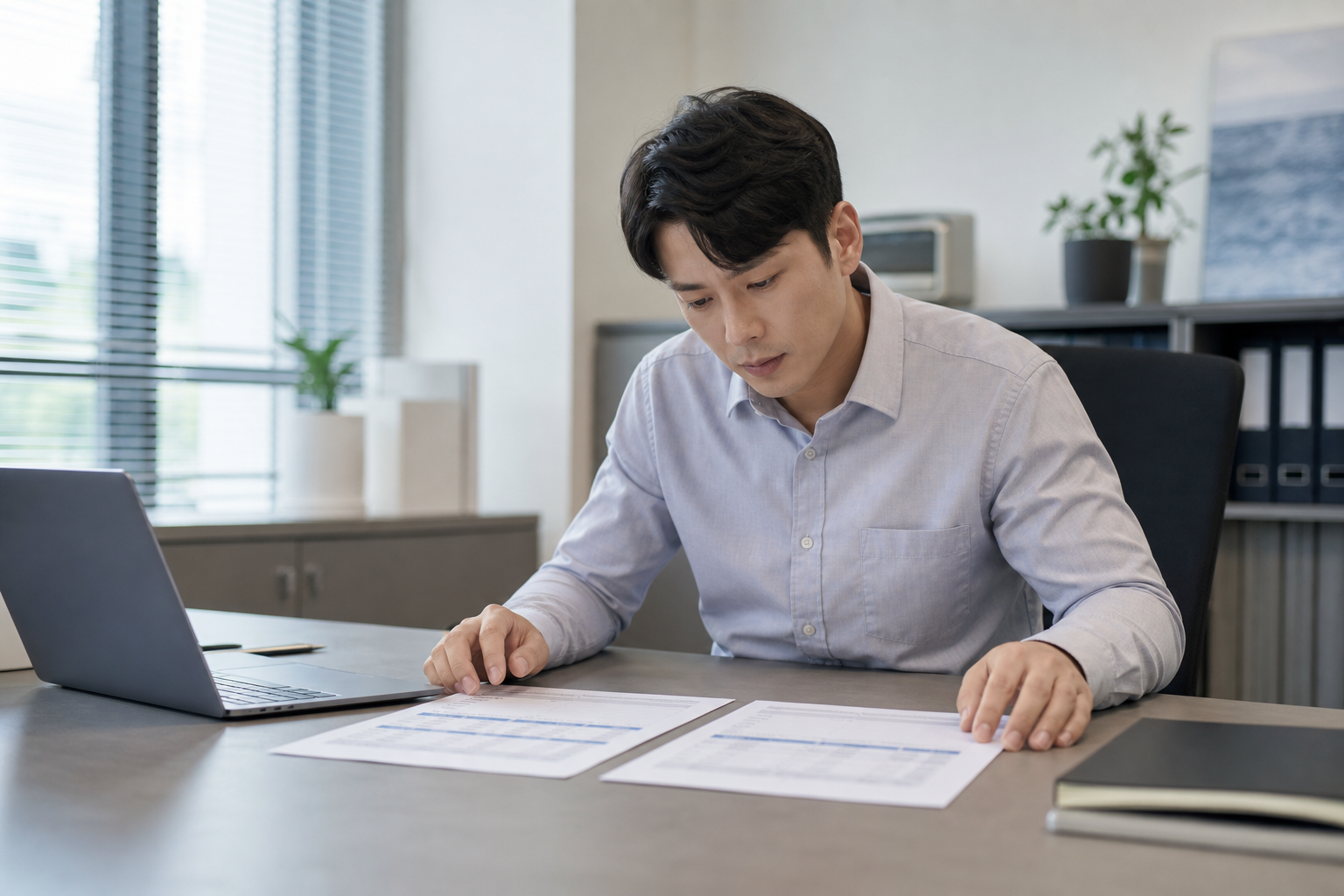 두 장의 정기 청소 견적을 비교하는 담당자
