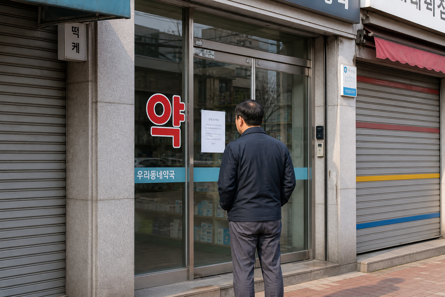 공휴일에 닫힌 약국 앞 안내문을 보는 사람