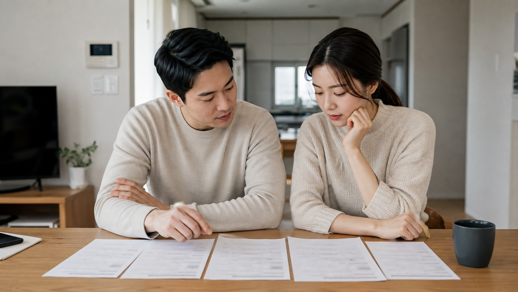 24평 아파트의 밝은 거실과 주방을 청소하는 작업자