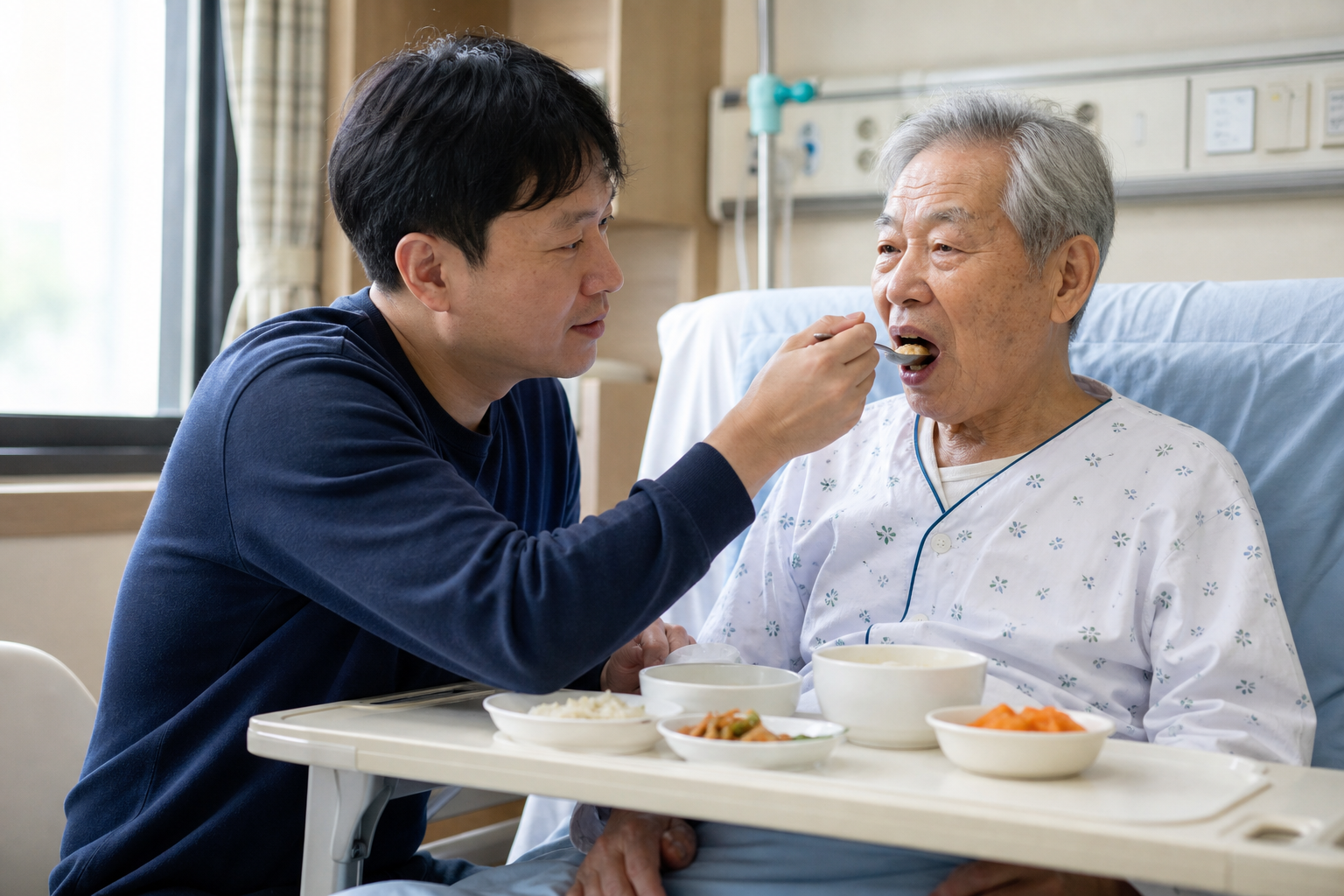 간병인 구하는 방법 상담과 돌봄 환경을 확인하는 모습
