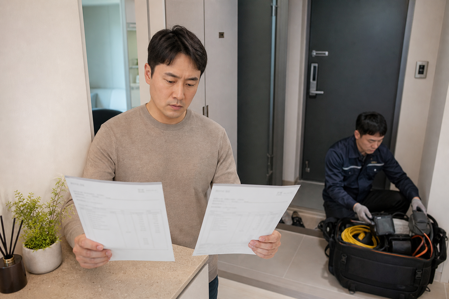견적서를 비교하며 탐지 일정을 확인하는 거주자와 기술자