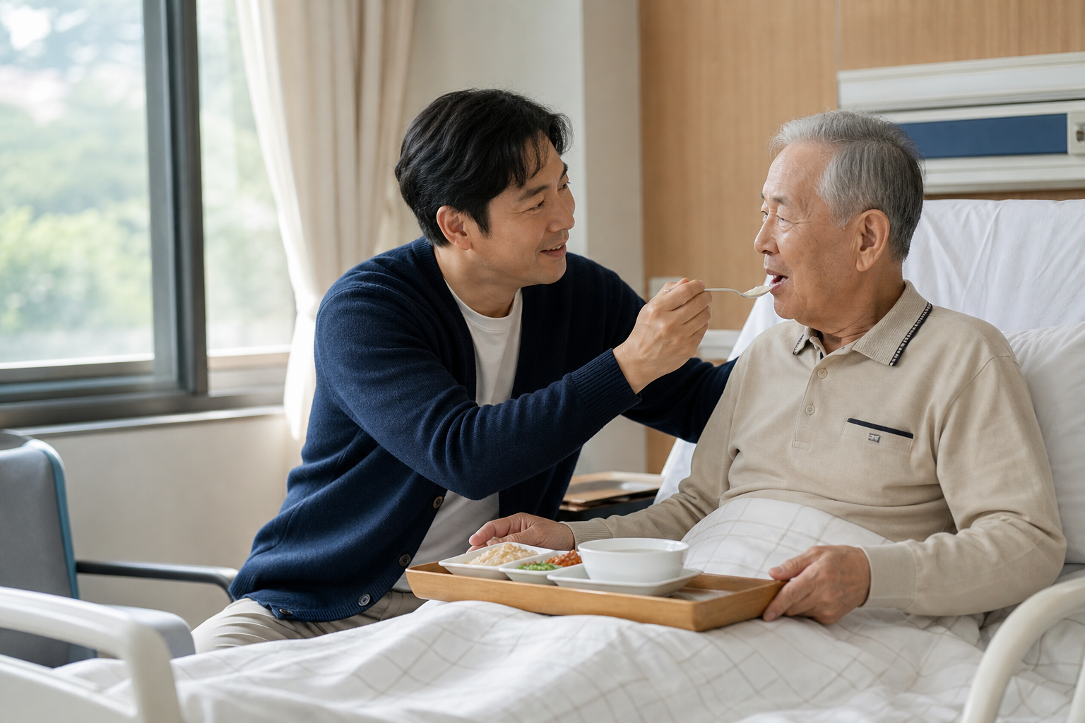 공동간병 비용 상담과 돌봄 환경을 확인하는 모습