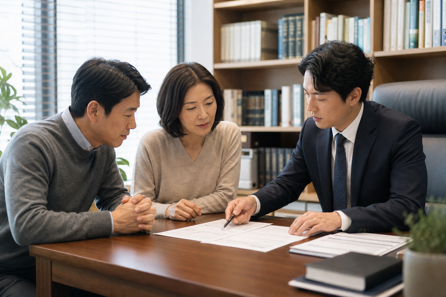 공증사무소에서 상속인이 협의서 인증 절차를 상담받는 장면