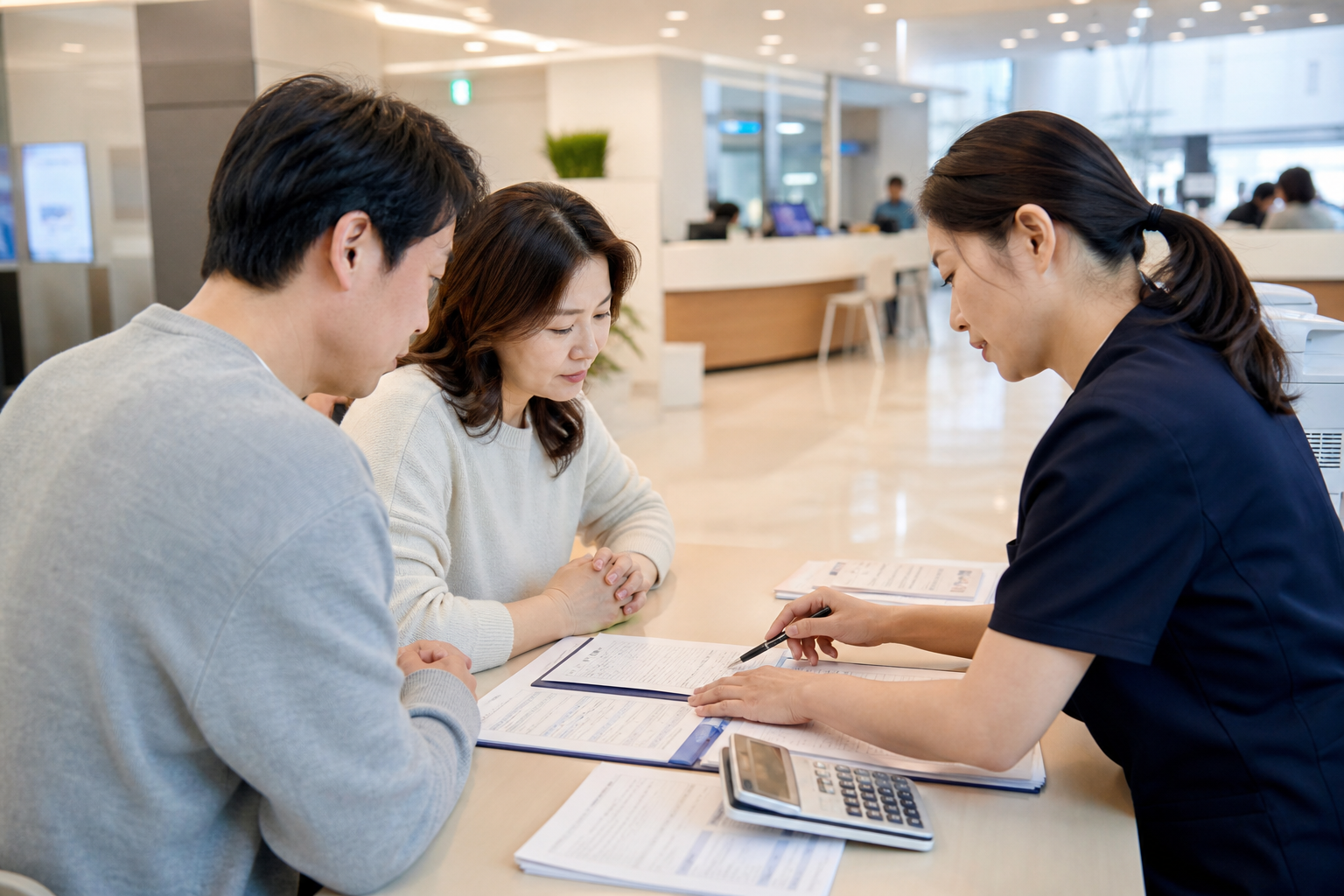 병원 간병인 비용 상담 장면 - 보호자가 간병 비용 서류를 확인하는 모습